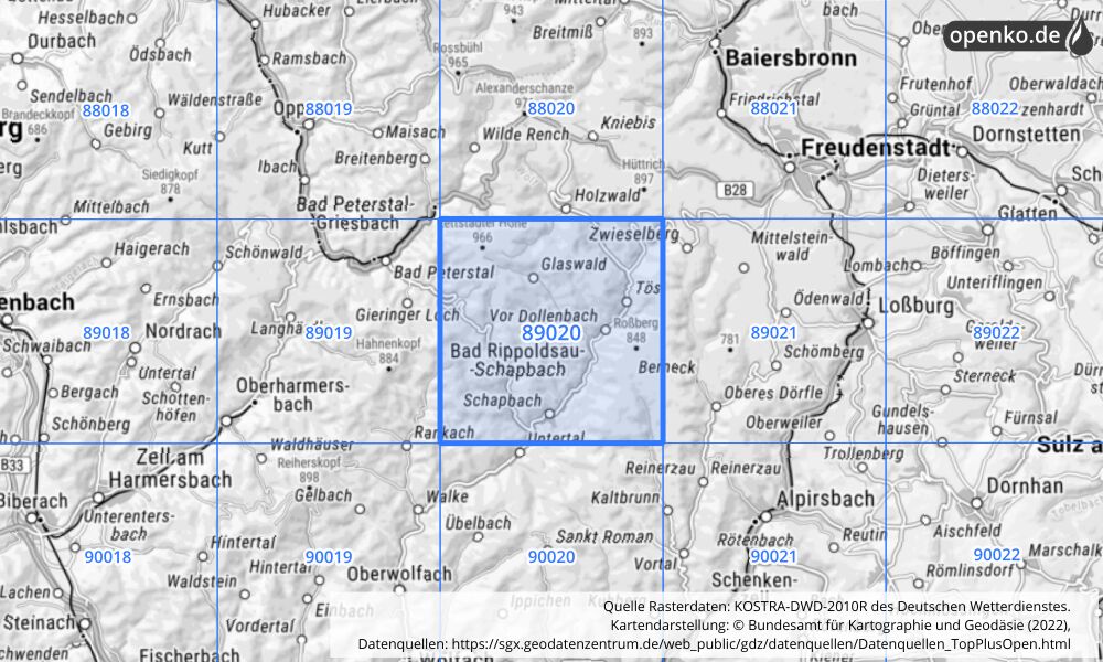 Übersichtskarte KOSTRA-DWD-2010R Rasterfeld Nr. 89020 mit angrenzenden Feldern