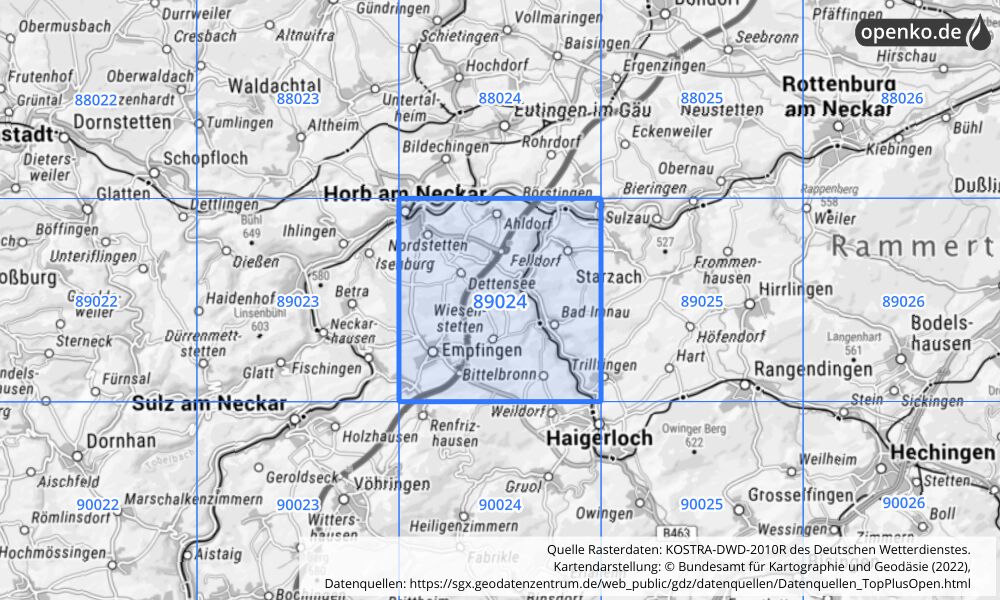 Übersichtskarte KOSTRA-DWD-2010R Rasterfeld Nr. 89024 mit angrenzenden Feldern