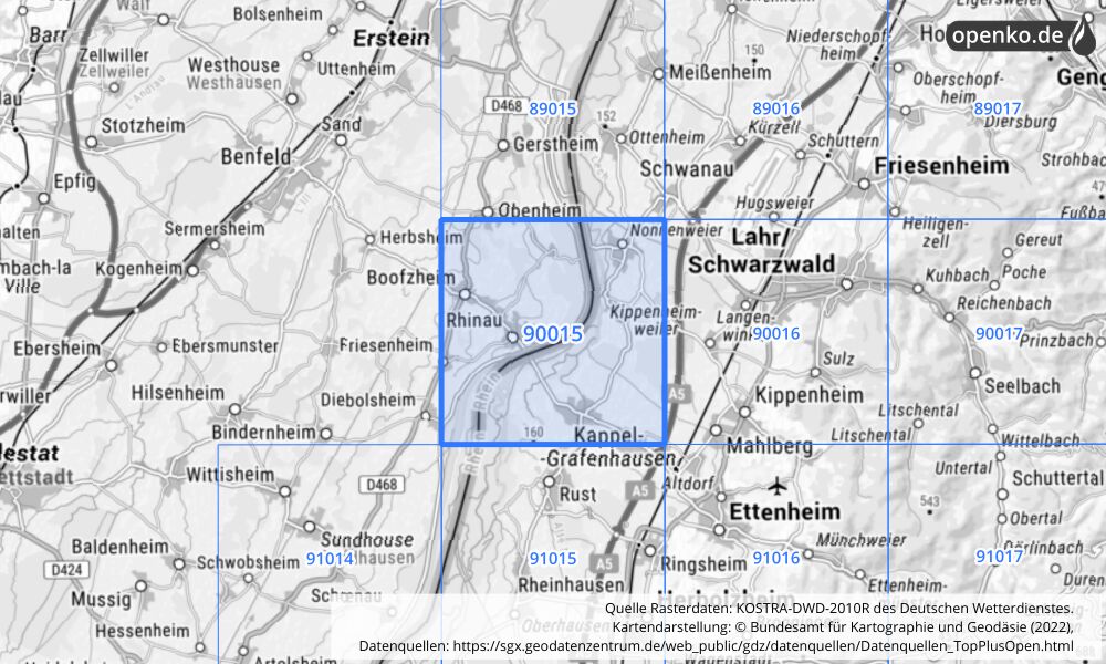 Übersichtskarte KOSTRA-DWD-2010R Rasterfeld Nr. 90015 Übersichtskarte KOSTRA-DWD-2010R Rasterfeld Nr. 90015 mit angrenzenden Feldern