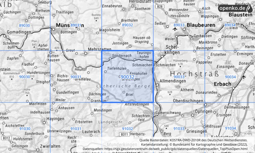 Übersichtskarte KOSTRA-DWD-2010R Rasterfeld Nr. 90032 mit angrenzenden Feldern