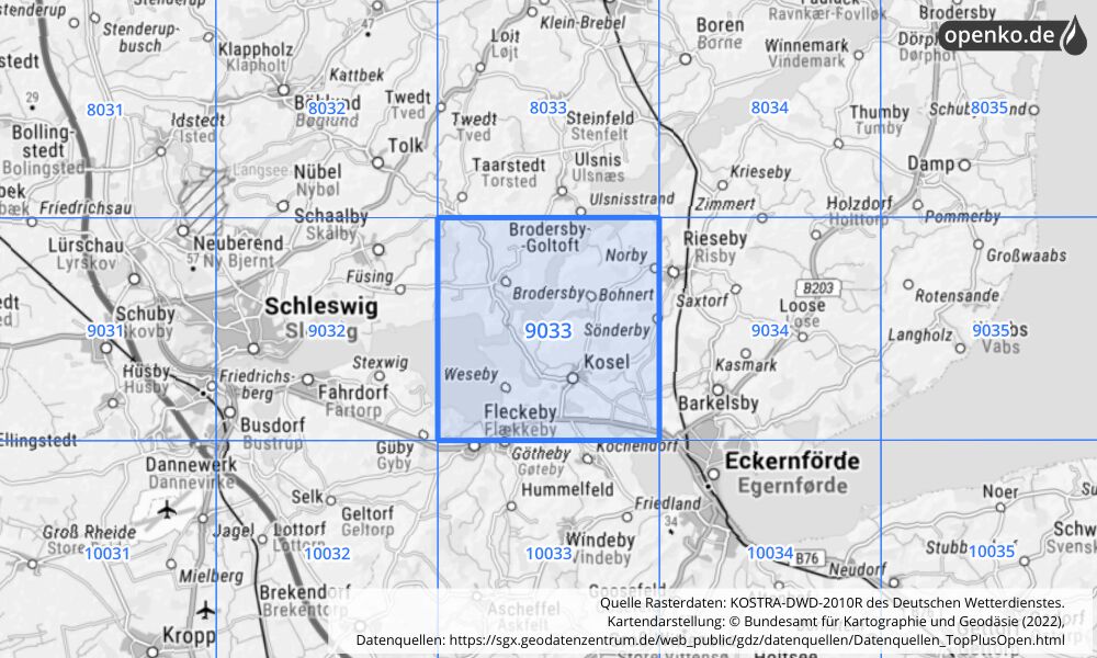 Übersichtskarte KOSTRA-DWD-2010R Rasterfeld Nr. 9033 mit angrenzenden Feldern
