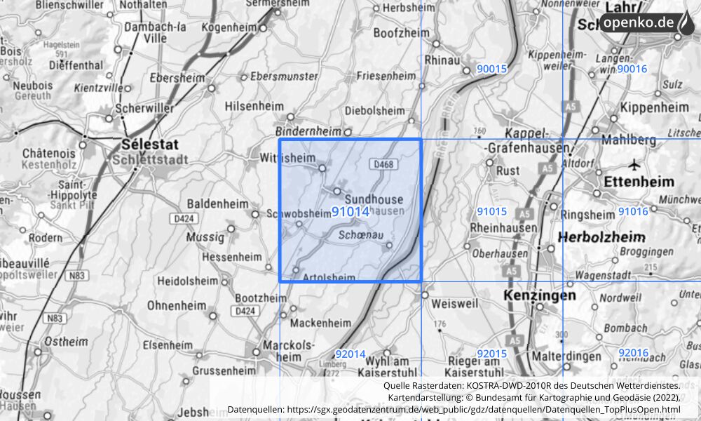 Übersichtskarte KOSTRA-DWD-2010R Rasterfeld Nr. 91014 Übersichtskarte KOSTRA-DWD-2010R Rasterfeld Nr. 91014 mit angrenzenden Feldern