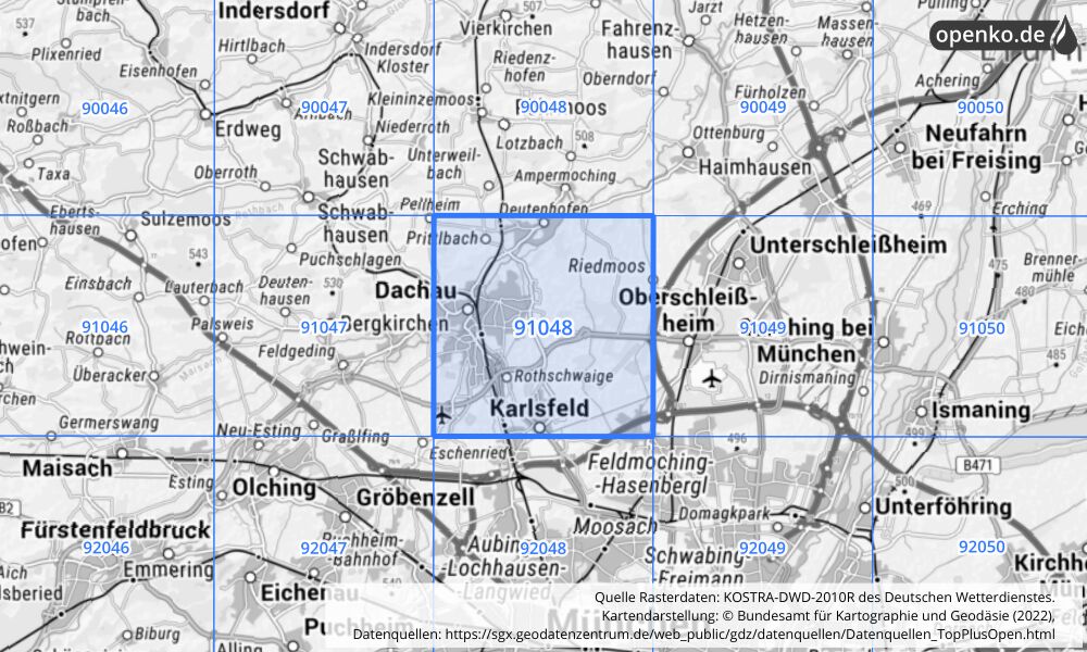 Übersichtskarte KOSTRA-DWD-2010R Rasterfeld Nr. 91048 mit angrenzenden Feldern