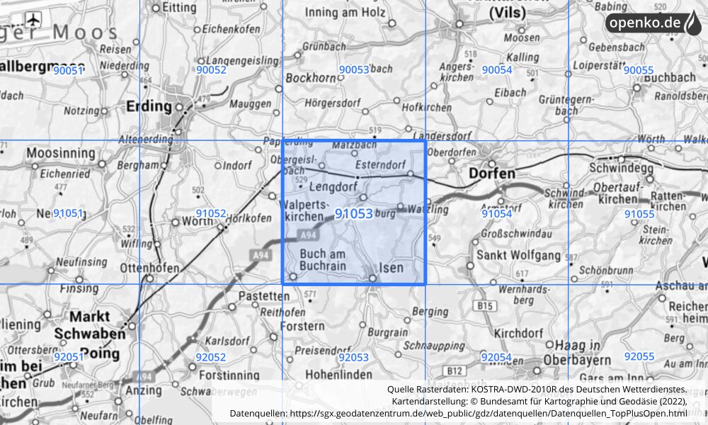 Übersichtskarte KOSTRA-DWD-2010R Rasterfeld Nr. 91053 mit angrenzenden Feldern