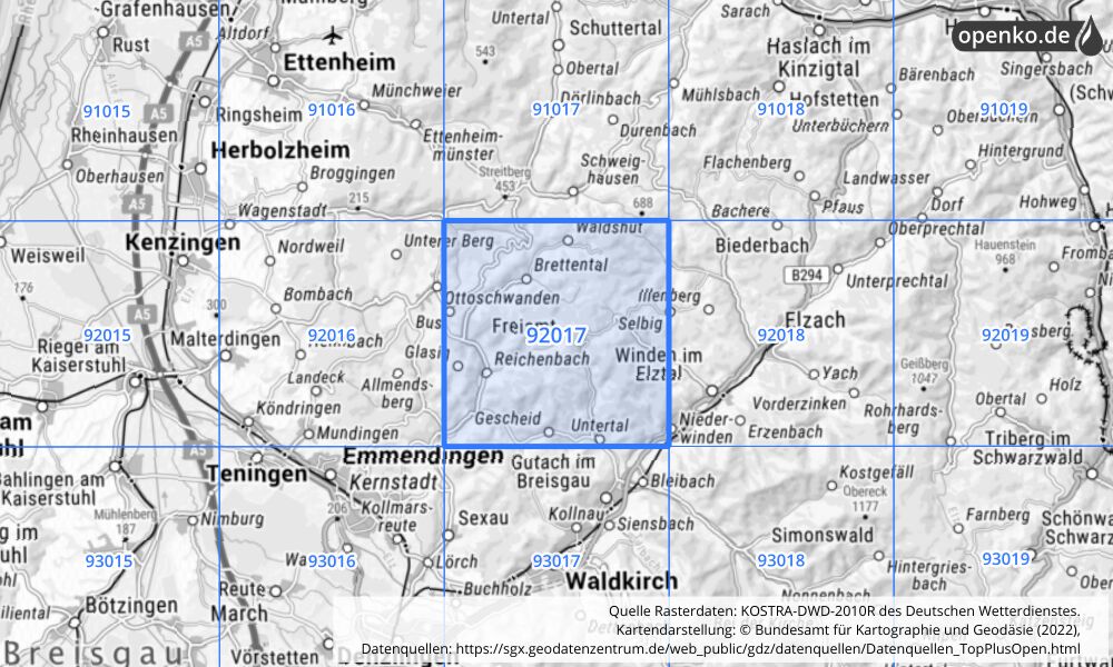 Übersichtskarte KOSTRA-DWD-2010R Rasterfeld Nr. 92017 Übersichtskarte KOSTRA-DWD-2010R Rasterfeld Nr. 92017 mit angrenzenden Feldern