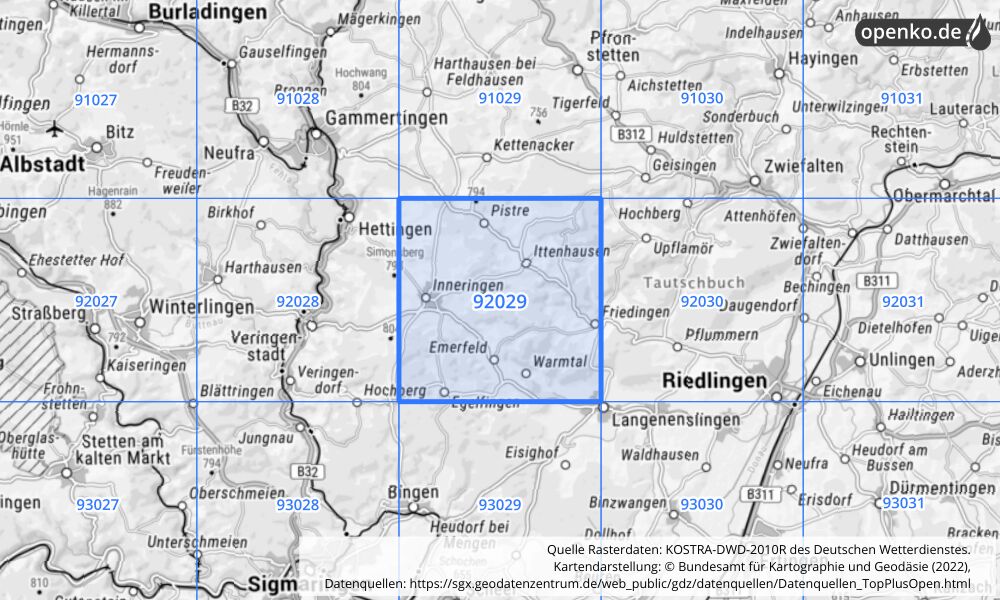 Übersichtskarte KOSTRA-DWD-2010R Rasterfeld Nr. 92029 mit angrenzenden Feldern