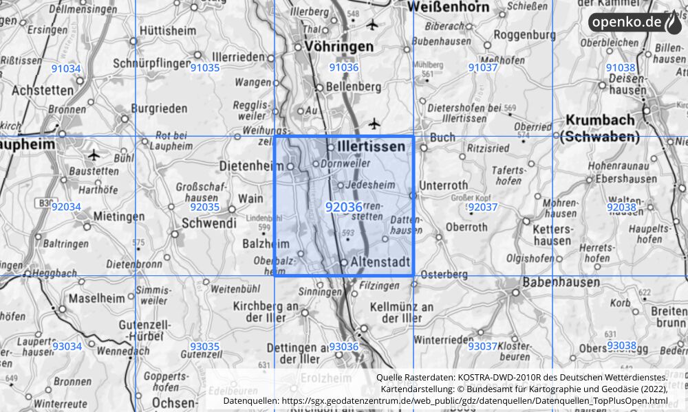 Übersichtskarte KOSTRA-DWD-2010R Rasterfeld Nr. 92036 Übersichtskarte KOSTRA-DWD-2010R Rasterfeld Nr. 92036 mit angrenzenden Feldern