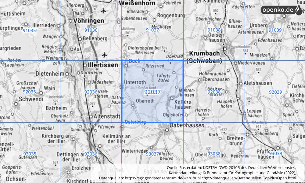 Übersichtskarte KOSTRA-DWD-2010R Rasterfeld Nr. 92037 Übersichtskarte KOSTRA-DWD-2010R Rasterfeld Nr. 92037 mit angrenzenden Feldern