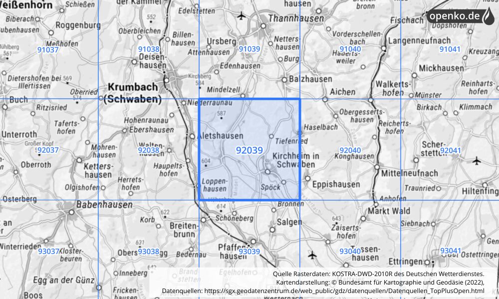 Übersichtskarte KOSTRA-DWD-2010R Rasterfeld Nr. 92039 mit angrenzenden Feldern