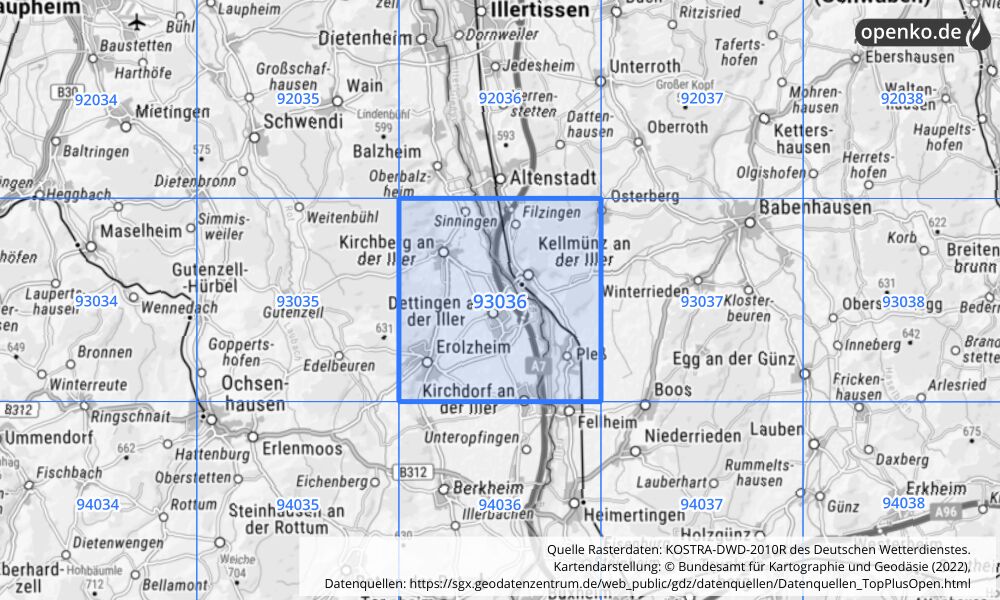 Übersichtskarte KOSTRA-DWD-2010R Rasterfeld Nr. 93036 Übersichtskarte KOSTRA-DWD-2010R Rasterfeld Nr. 93036 mit angrenzenden Feldern