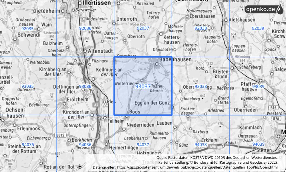 Übersichtskarte KOSTRA-DWD-2010R Rasterfeld Nr. 93037 Übersichtskarte KOSTRA-DWD-2010R Rasterfeld Nr. 93037 mit angrenzenden Feldern