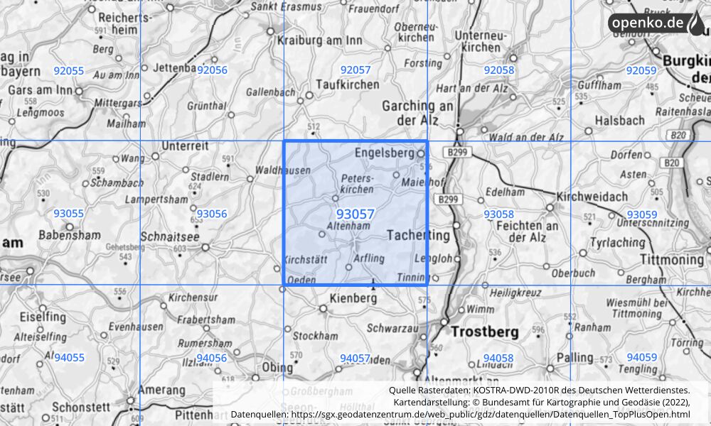 Übersichtskarte KOSTRA-DWD-2010R Rasterfeld Nr. 93057 mit angrenzenden Feldern