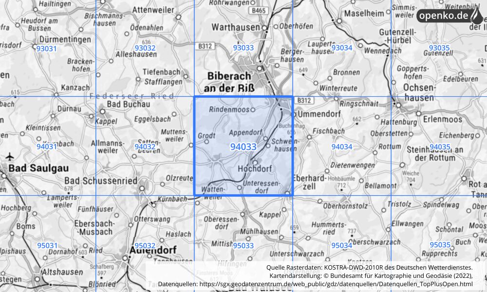 Übersichtskarte KOSTRA-DWD-2010R Rasterfeld Nr. 94033 mit angrenzenden Feldern