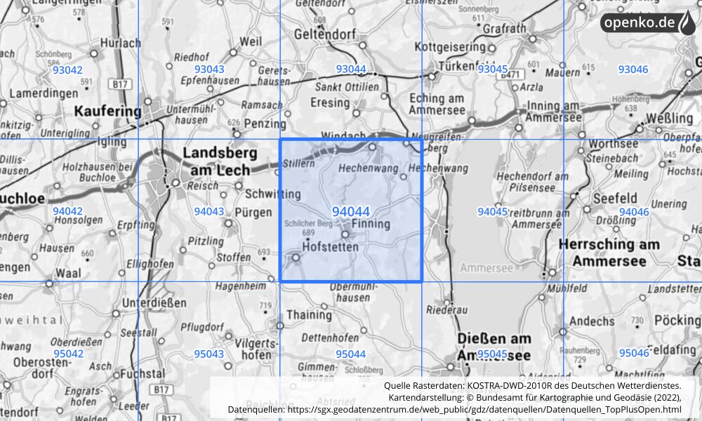 Übersichtskarte KOSTRA-DWD-2010R Rasterfeld Nr. 94044 mit angrenzenden Feldern
