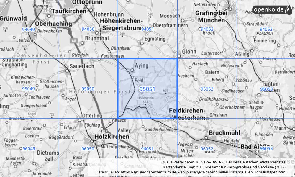 Übersichtskarte KOSTRA-DWD-2010R Rasterfeld Nr. 95051 mit angrenzenden Feldern
