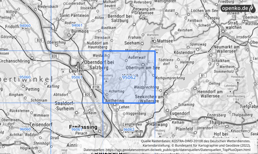 Übersichtskarte KOSTRA-DWD-2010R Rasterfeld Nr. 95062 mit angrenzenden Feldern