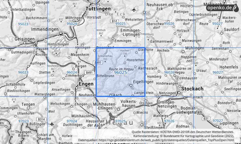 Übersichtskarte KOSTRA-DWD-2010R Rasterfeld Nr. 96025 Übersichtskarte KOSTRA-DWD-2010R Rasterfeld Nr. 96025 mit angrenzenden Feldern