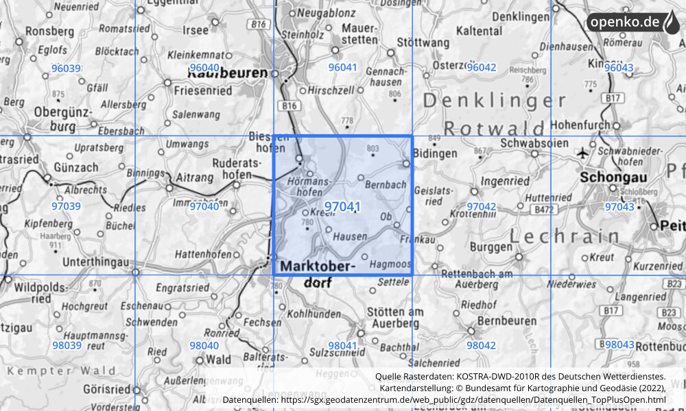 Übersichtskarte KOSTRA-DWD-2010R Rasterfeld Nr. 97041 mit angrenzenden Feldern