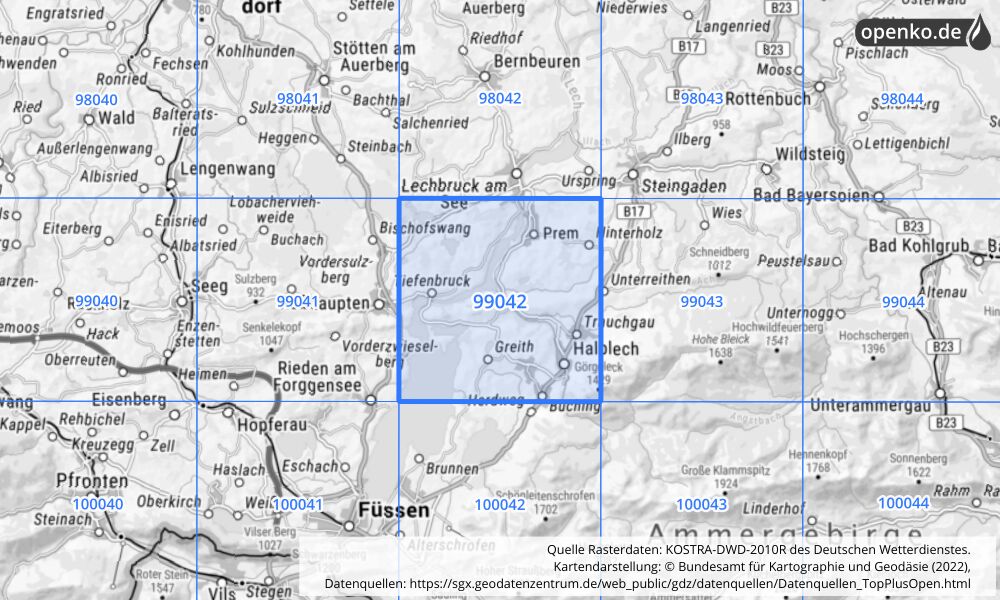 Übersichtskarte KOSTRA-DWD-2010R Rasterfeld Nr. 99042 mit angrenzenden Feldern