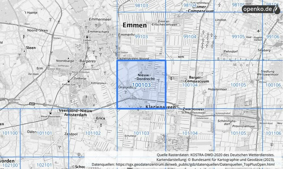 Übersichtskarte des KOSTRA-DWD-2020-Rasterfeldes Nr. 100103 Übersichtskarte des KOSTRA-DWD-2020-Rasterfeldes Nr. 100103