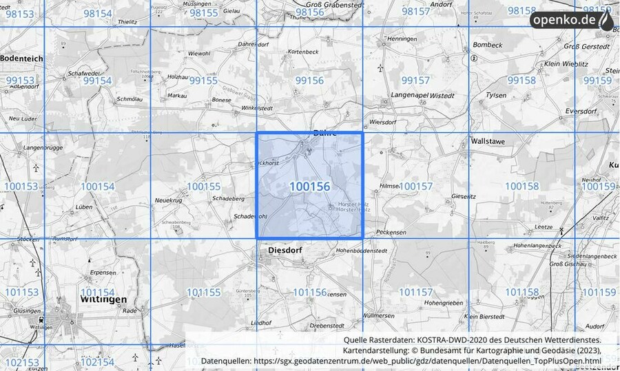 Übersichtskarte des KOSTRA-DWD-2020-Rasterfeldes Nr. 100156