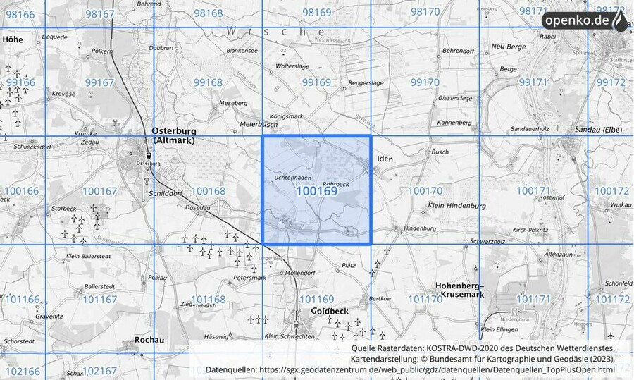 Übersichtskarte des KOSTRA-DWD-2020-Rasterfeldes Nr. 100169