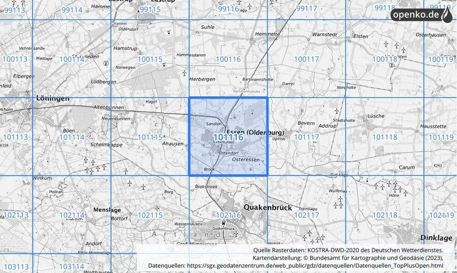 Übersichtskarte des KOSTRA-DWD-2020-Rasterfeldes Nr. 101116