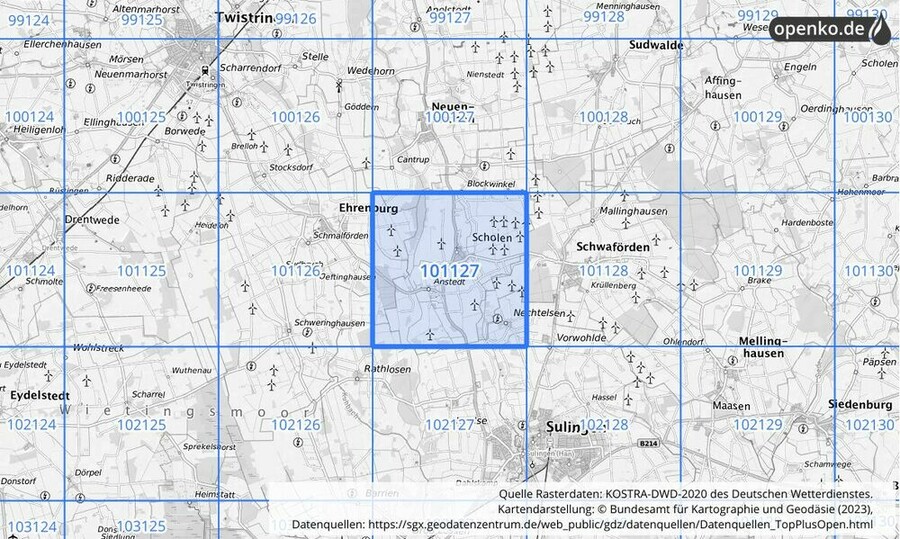 Übersichtskarte des KOSTRA-DWD-2020-Rasterfeldes Nr. 101127 Übersichtskarte des KOSTRA-DWD-2020-Rasterfeldes Nr. 101127