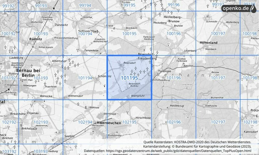Übersichtskarte des KOSTRA-DWD-2020-Rasterfeldes Nr. 101195
