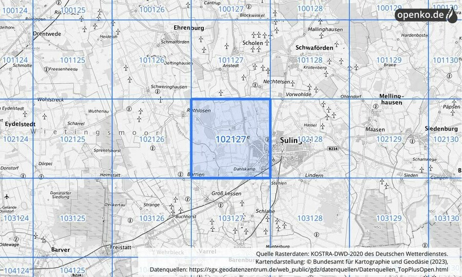 Übersichtskarte des KOSTRA-DWD-2020-Rasterfeldes Nr. 102127 Übersichtskarte des KOSTRA-DWD-2020-Rasterfeldes Nr. 102127