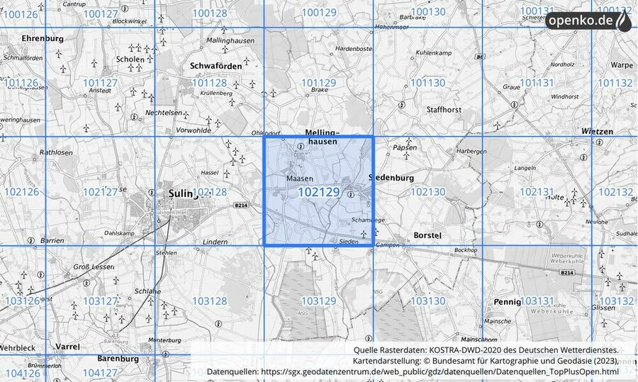 Übersichtskarte des KOSTRA-DWD-2020-Rasterfeldes Nr. 102129 Übersichtskarte des KOSTRA-DWD-2020-Rasterfeldes Nr. 102129
