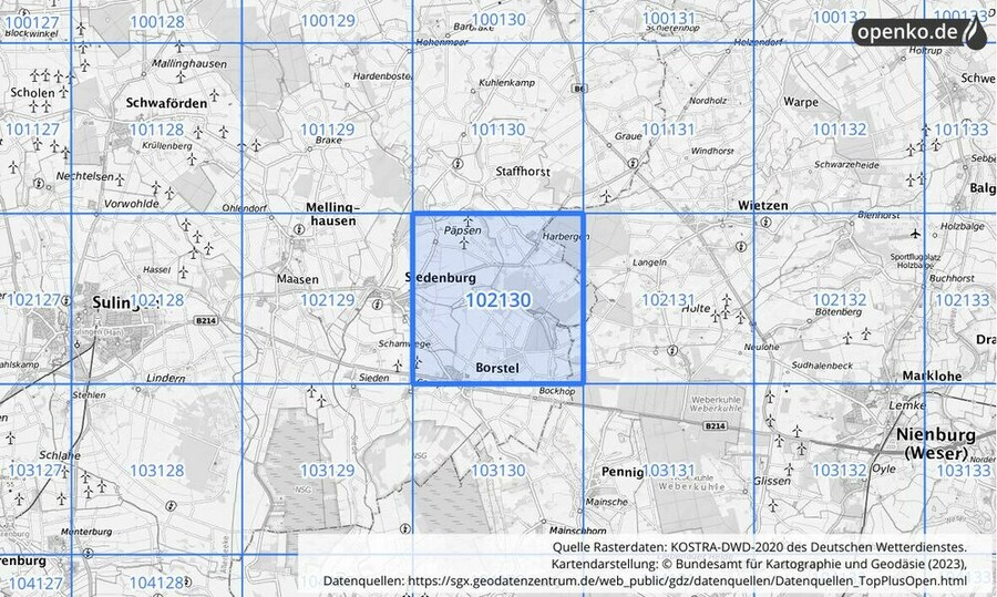 Übersichtskarte des KOSTRA-DWD-2020-Rasterfeldes Nr. 102130 Übersichtskarte des KOSTRA-DWD-2020-Rasterfeldes Nr. 102130