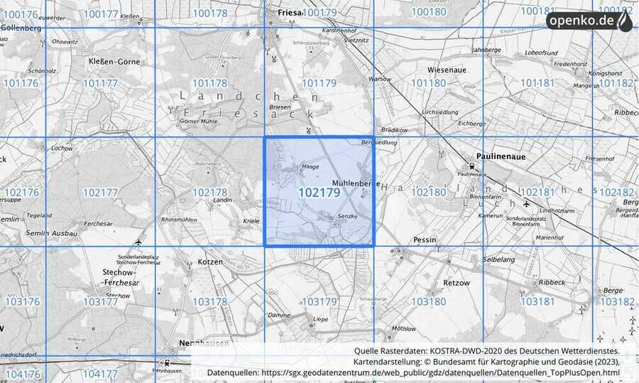 Übersichtskarte des KOSTRA-DWD-2020-Rasterfeldes Nr. 102179