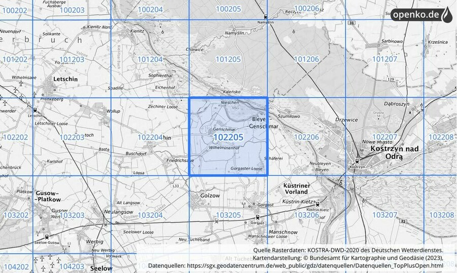 Übersichtskarte des KOSTRA-DWD-2020-Rasterfeldes Nr. 102205