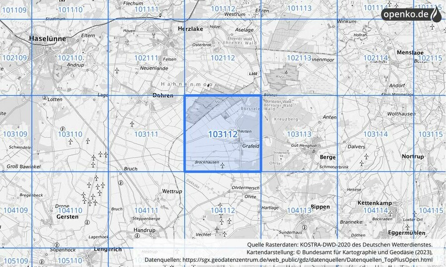 Übersichtskarte des KOSTRA-DWD-2020-Rasterfeldes Nr. 103112