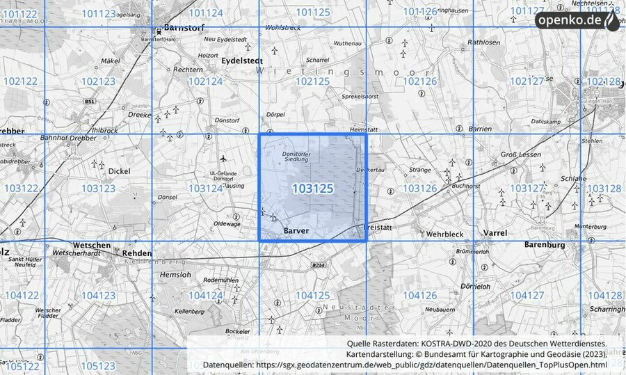 Übersichtskarte des KOSTRA-DWD-2020-Rasterfeldes Nr. 103125 Übersichtskarte des KOSTRA-DWD-2020-Rasterfeldes Nr. 103125