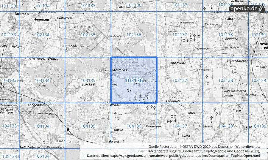 Übersichtskarte des KOSTRA-DWD-2020-Rasterfeldes Nr. 103136