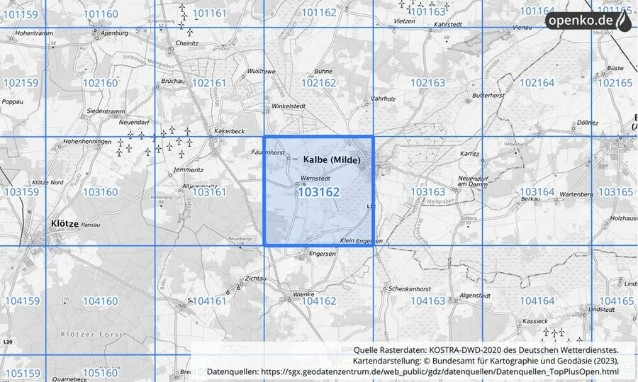 Übersichtskarte des KOSTRA-DWD-2020-Rasterfeldes Nr. 103162