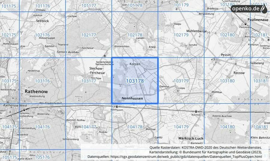 Übersichtskarte des KOSTRA-DWD-2020-Rasterfeldes Nr. 103178