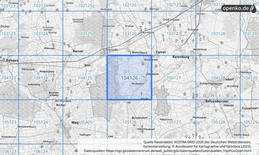 Übersichtskarte des KOSTRA-DWD-2020-Rasterfeldes Nr. 104126 Übersichtskarte des KOSTRA-DWD-2020-Rasterfeldes Nr. 104126