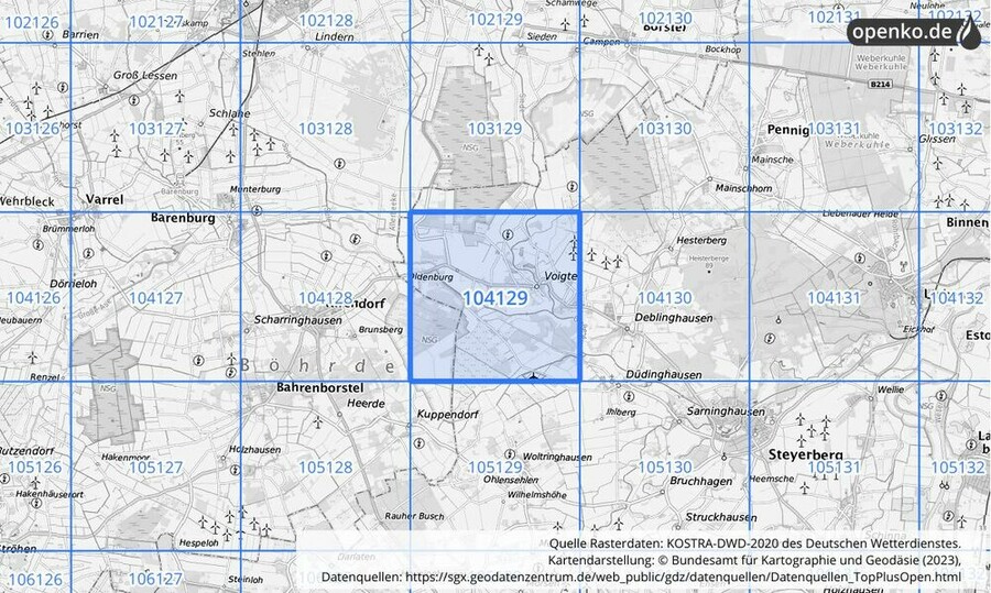 Übersichtskarte des KOSTRA-DWD-2020-Rasterfeldes Nr. 104129 Übersichtskarte des KOSTRA-DWD-2020-Rasterfeldes Nr. 104129