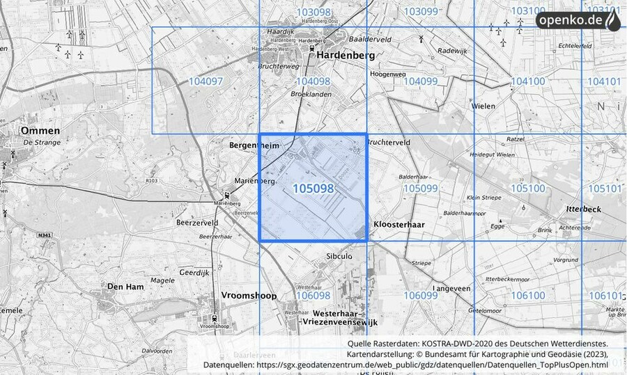 Übersichtskarte des KOSTRA-DWD-2020-Rasterfeldes Nr. 105098 Übersichtskarte des KOSTRA-DWD-2020-Rasterfeldes Nr. 105098