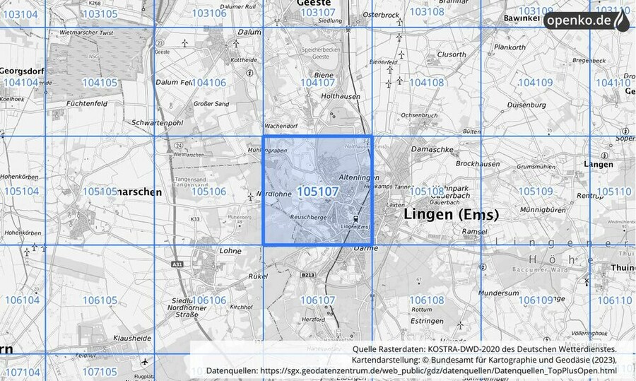 Übersichtskarte des KOSTRA-DWD-2020-Rasterfeldes Nr. 105107