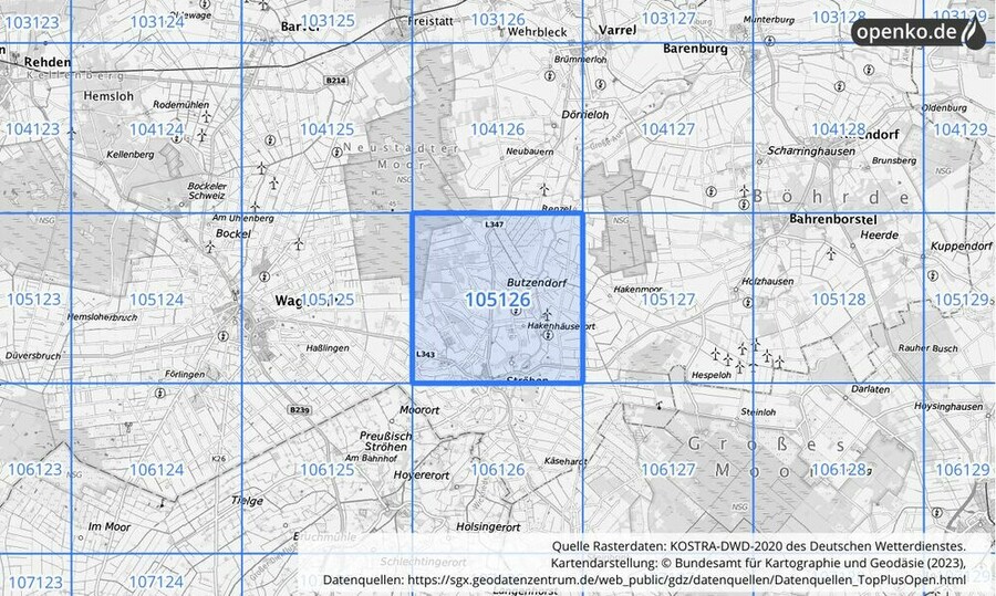 Übersichtskarte des KOSTRA-DWD-2020-Rasterfeldes Nr. 105126 Übersichtskarte des KOSTRA-DWD-2020-Rasterfeldes Nr. 105126