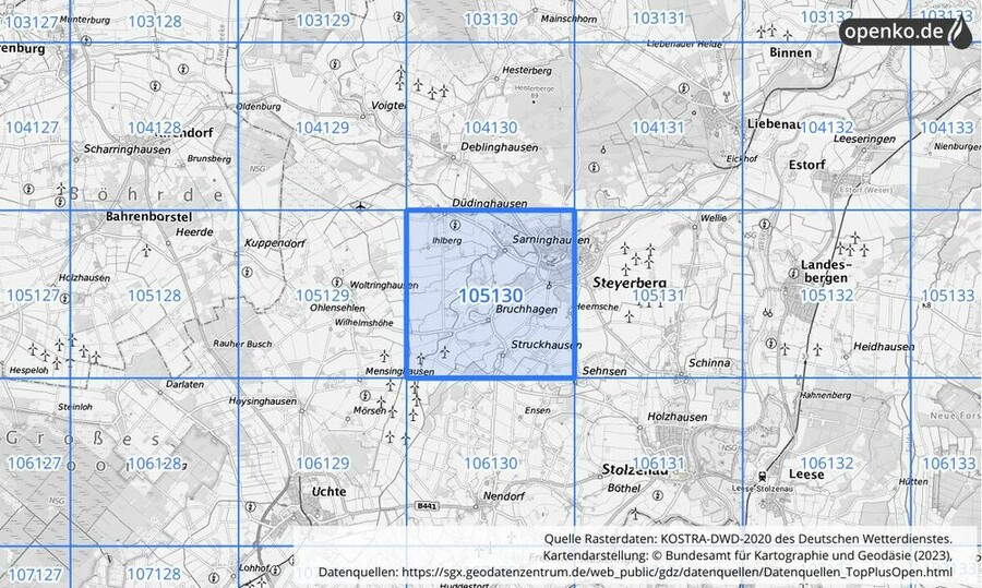 Übersichtskarte des KOSTRA-DWD-2020-Rasterfeldes Nr. 105130 Übersichtskarte des KOSTRA-DWD-2020-Rasterfeldes Nr. 105130
