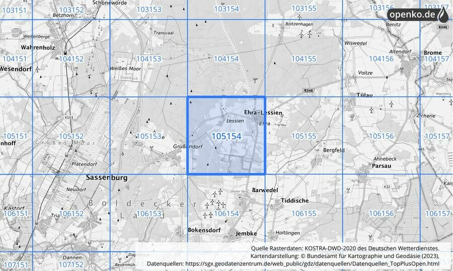Übersichtskarte des KOSTRA-DWD-2020-Rasterfeldes Nr. 105154