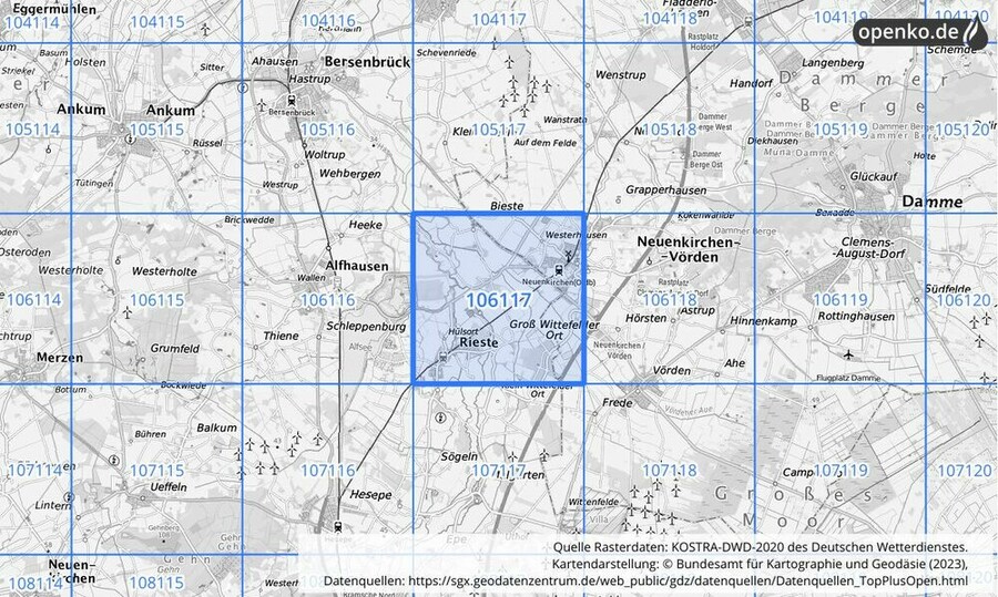 Übersichtskarte des KOSTRA-DWD-2020-Rasterfeldes Nr. 106117