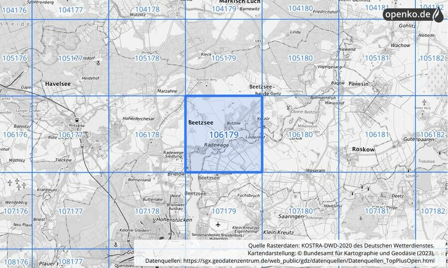 Übersichtskarte des KOSTRA-DWD-2020-Rasterfeldes Nr. 106179