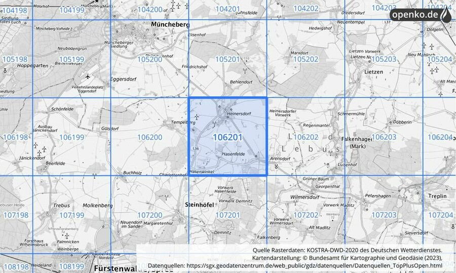 Übersichtskarte des KOSTRA-DWD-2020-Rasterfeldes Nr. 106201