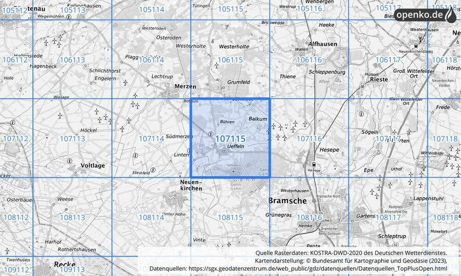Übersichtskarte des KOSTRA-DWD-2020-Rasterfeldes Nr. 107115 Übersichtskarte des KOSTRA-DWD-2020-Rasterfeldes Nr. 107115